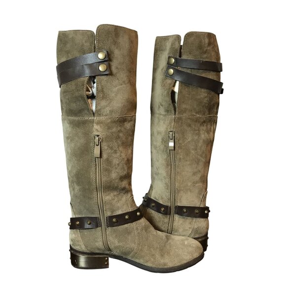 VERY VOLITILE Tan Suede Knee High Boots Womens 7 Side Zip Straps - Picture 11 of 14